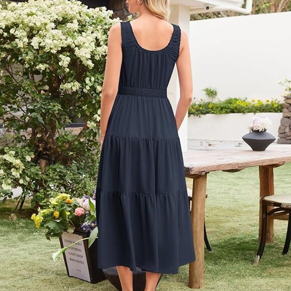 Long Flowy Tiered Dress Boho Swing Sundress with Pocket - Picture 4 of 5
